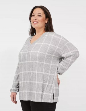 Women Lane Bryant Blouson-Sleeve V-Neck Waffle Tunic T Shirts Grey | FDB3439MF