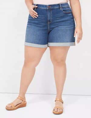 Women Lane Bryant Boyfriend Fit Midi Jean Shorts Dark Blue | WVY4570NI