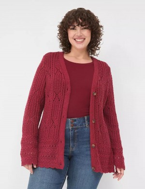 Women Lane Bryant Button-Front Pointelle Cardigan Deep Red | BPT4119HO