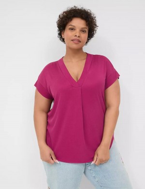 Women Lane Bryant Cap-Sleeve V-Neck Pleat-Front Top T Shirts Purple | GEQ2968ZG