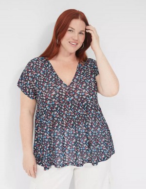 Women Lane Bryant Cap-Sleeve V-Neck Top T Shirts Black | KSQ1245QH