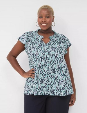 Women Lane Bryant Cap Flutter-Sleeve Satin & Knit Top T Shirts Navy | KVD8082AH