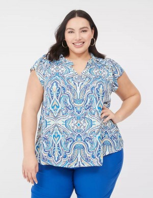 Women Lane Bryant Cap Flutter-Sleeve Satin & Knit Top T Shirts Blue | MGR1253XR