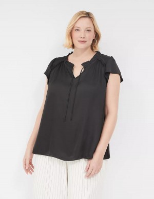 Women Lane Bryant Cap Flutter-Sleeve Satin & Knit Top T Shirts Black | WTH8146WA