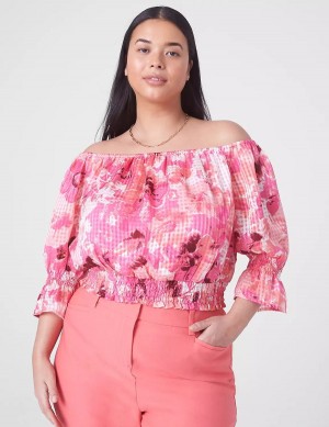 Women Lane Bryant Classic Crop Off-The-Shoulder Chiffon Top Tank Top Pink | ZKM2015ZW