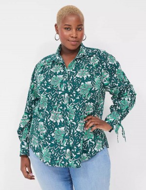 Women Lane Bryant Collared Button-Front Tie-Cuff Blouse Green Multicolor | WQD8330UF