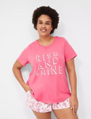 Women Lane Bryant Comfy Cotton Rib-Trim Tee & Short PJ Set Pajamas Pink White | SWV8540XZ