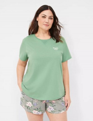 Women Lane Bryant Comfy Cotton Rib-Trim Tee & Short PJ Set Pajamas Green Multicolor | BLC7518IF