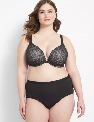 Women Lane Bryant Cotton Boost Plunge With Lace Bralettes Black | BMO1285ZM