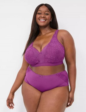 Women Lane Bryant Cotton High-Leg With Lace Back Briefs Purple | LKK4544MF