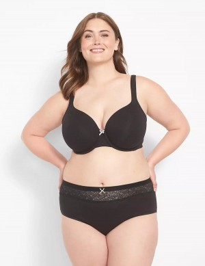 Women Lane Bryant Cotton High-Leg With Lace Waist Briefs Black | XKG6895YS