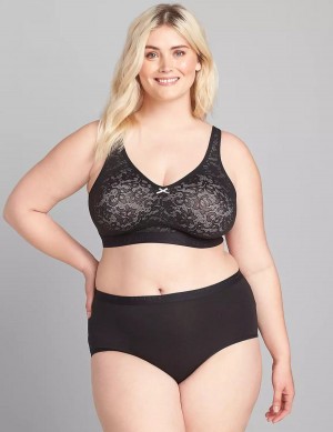 Women Lane Bryant Cotton No-Wire with Lace Unlined Bra Black | QGC834NL