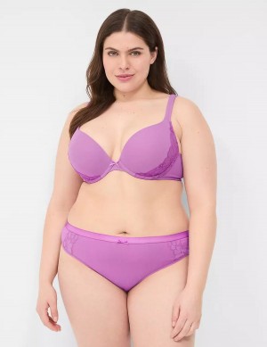 Women Lane Bryant Cotton With Lace Trim Thong Panty Purple | CUF6980PB