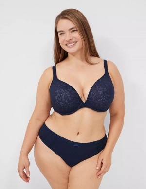 Women Lane Bryant Cotton With Lace Waist Thong Panty Blue | GOX7434TC