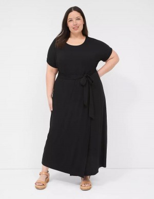 Women Lane Bryant Crew-Neck Faux-Wrap Jersey Midi Dress Black | WJZ390XD