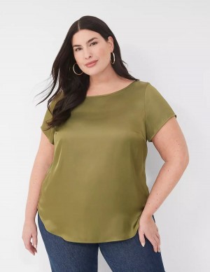 Women Lane Bryant Crew-Neck Satin & Knit Top T Shirts Green | RKV267EW