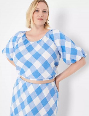 Women Lane Bryant Crop Balloon-Sleeve Top T Shirts Blue White | EEL8865QS