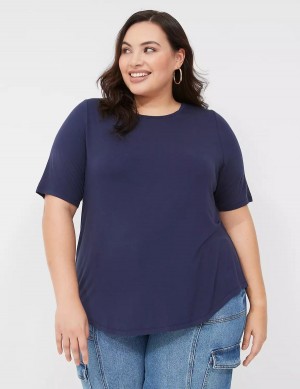 Women Lane Bryant Curved-Hem Perfect Sleeve Tee T Shirts Blue | JOE4999CL