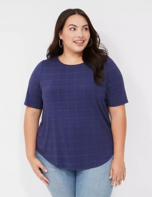 Women Lane Bryant Curved-Hem Perfect Sleeve Tee T Shirts Dark Blue | OUT726GM