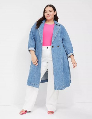 Women Lane Bryant Denimed Trench Trench Coat Blue | WSY282XO