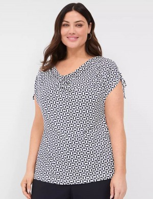 Women Lane Bryant Drawcord Cap-Sleeve Drape-Neck Top T Shirts Navy | JUD1815IS