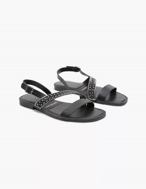 Women Lane Bryant Dream Cloud Double-Band Faux-Leather Flat Sandals Black | SVH2434SK