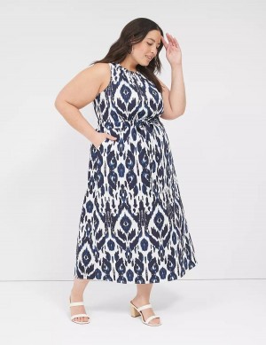 Women Lane Bryant Elastic-Neck Tie-Waist Midi Dress Navy | VQE6380HF