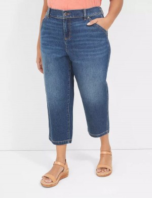 Women Lane Bryant Elastic Back-Waist Boyfriend Capri Jeans Dark Blue | AVU3633SA