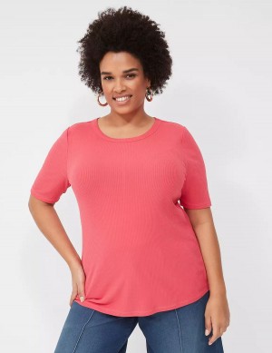 Women Lane Bryant Elbow-Sleeve High Crew-Neck Rib Top T Shirts Pink | IGT9737RB