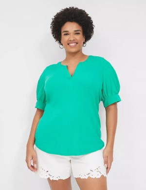 Women Lane Bryant Elbow-Sleeve Split-Neck Top T Shirts Turquoise | HJW8221XT