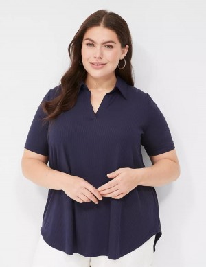 Women Lane Bryant Elbow-Sleeve Split-Neck Swing Polo Top T Shirts Blue | CZO7578AY