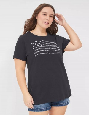 Women Lane Bryant Embroidered Flag Graphic Tee T Shirts Black | KIS527UH