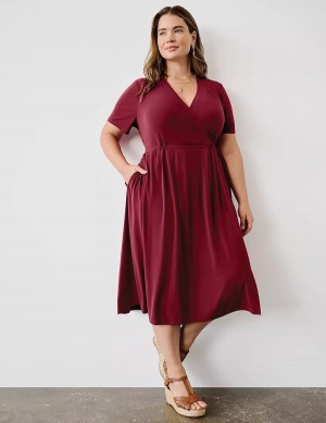 Women Lane Bryant Faux-Wrap Jersey Midi Dress Deep Red | VWD351BR