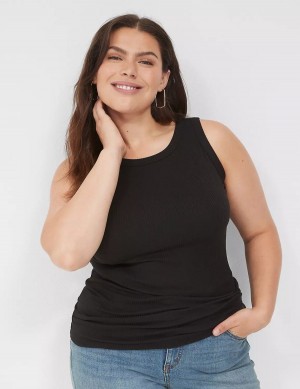 Women Lane Bryant Fitted High-Neck Rib Tank Top Black | GXK9189BX