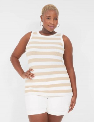 Women Lane Bryant Fitted High-Neck Ribbed Tank Top Brown White | PMH10011BY