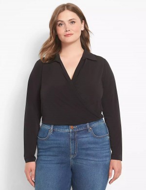 Women Lane Bryant Fitted Long-Sleeve Surplice Collar Crop Shirts Black | GTC8731ZO