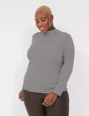 Women Lane Bryant Fitted Long-Sleeve Turtleneck Top T Shirts Black White Stripes | APW9091OI