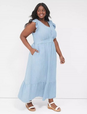 Women Lane Bryant Flutter-Sleeve Button-Front Denim Maxi Dress Blue Stripes | AIM3774OV