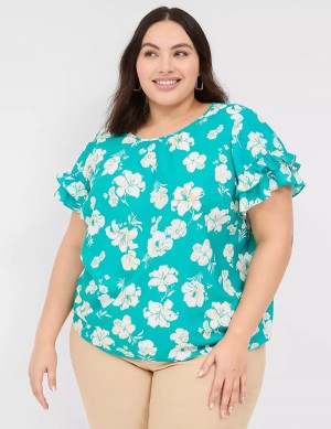 Women Lane Bryant Flutter-Sleeve Crew-Neck Top T Shirts Turquoise | OFS2541RM