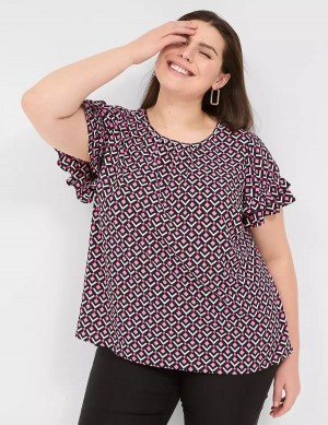 Women Lane Bryant Flutter-Sleeve Crew-Neck Top T Shirts Pink Navy | ZZW8631ZH