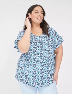 Women Lane Bryant Flutter-Sleeve Crew-Neck Top T Shirts Blue | PXO3548XQ