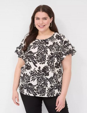 Women Lane Bryant Flutter-Sleeve Crew-Neck Top T Shirts Black | RFA1622OL