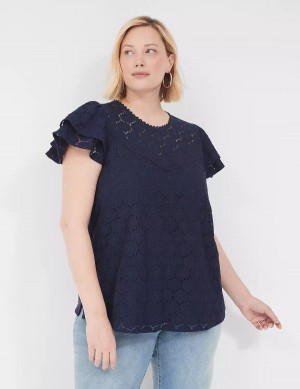 Women Lane Bryant Flutter-Sleeve Crew-Neck Blouse Blue | AIB4396WV