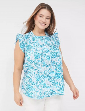 Women Lane Bryant Flutter-Sleeve Ruffle-Neck Blouse Blue | JPB5470SK