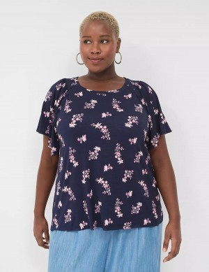 Women Lane Bryant Flutter-Sleeve Smocked Top T Shirts Pink Navy | LUF1994HS