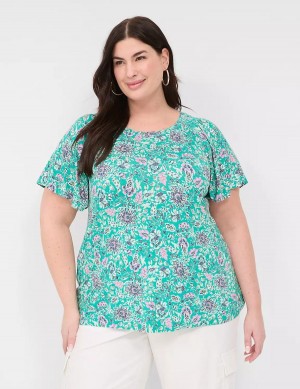 Women Lane Bryant Flutter-Sleeve Smocked Top T Shirts Light Turquoise | ZYM7087YT