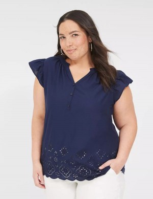 Women Lane Bryant Flutter-Sleeve Woven-Front Knit Top T Shirts Blue | OSV9734LM