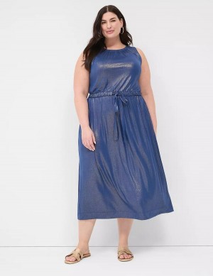 Women Lane Bryant Foil Shimmer Tie-Waist Midi Dress Dark Blue | HWF9760LT