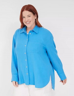 Women Lane Bryant Gauze Button-Down Beach Top Shirts Blue | HEC3978ZV