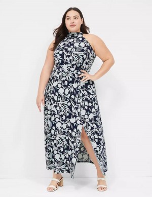 Women Lane Bryant Halter Tie-Neck Casual Dress Navy | TYK804CI